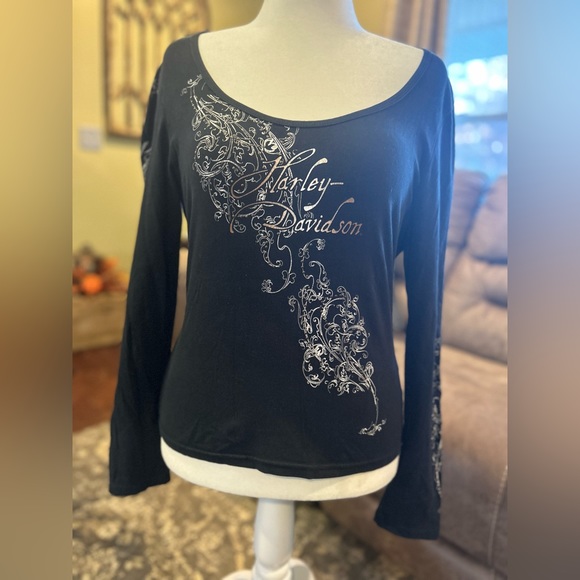 HARLEY-DAVIDSON long sleeve ladies black t-shirt with studded bling design - Picture 1 of 7
